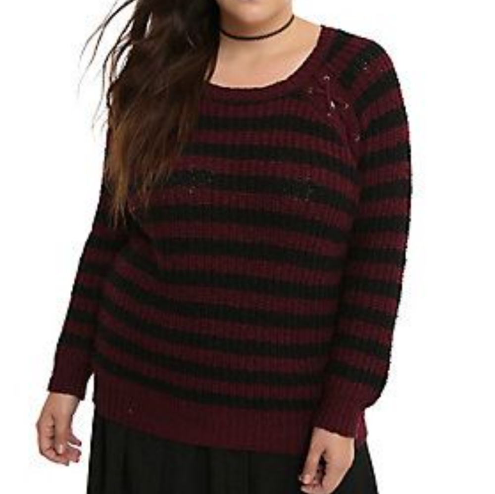 hot topic plus burgundy striped lace up sweater